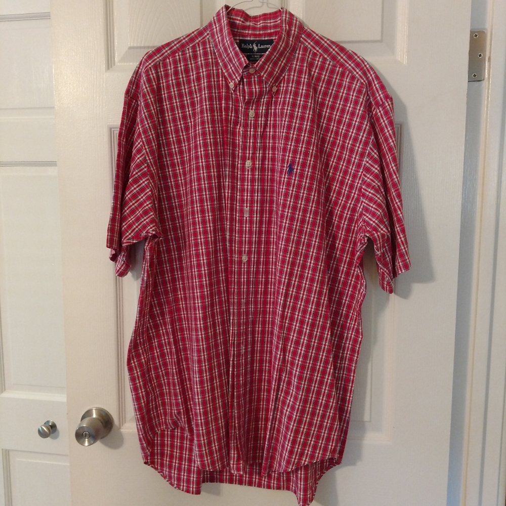Men's red plaid short sleeve polo shirt